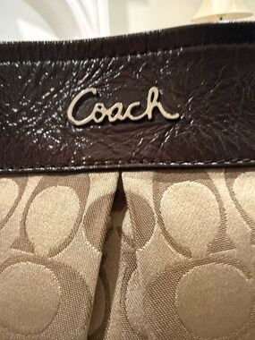 Coach Beige Signature Canvas Shoulder Bag with Dark Brown Trim